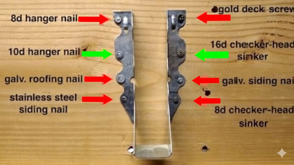 Joist hanger fastened with galvanized joist hanger nails — every hole filled as required