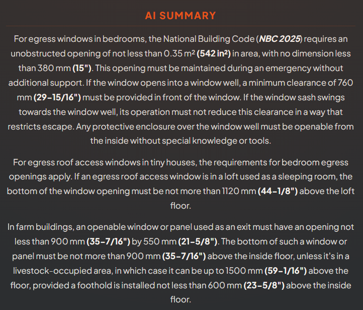 CodeCheck AI Summary section showing a plain-language answer to a building code question