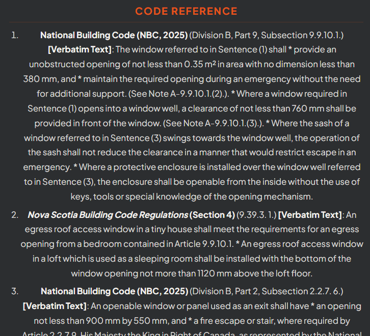 CodeCheck Code Reference section showing the verbatim text from the National Building Code of Canada with document name and clause number