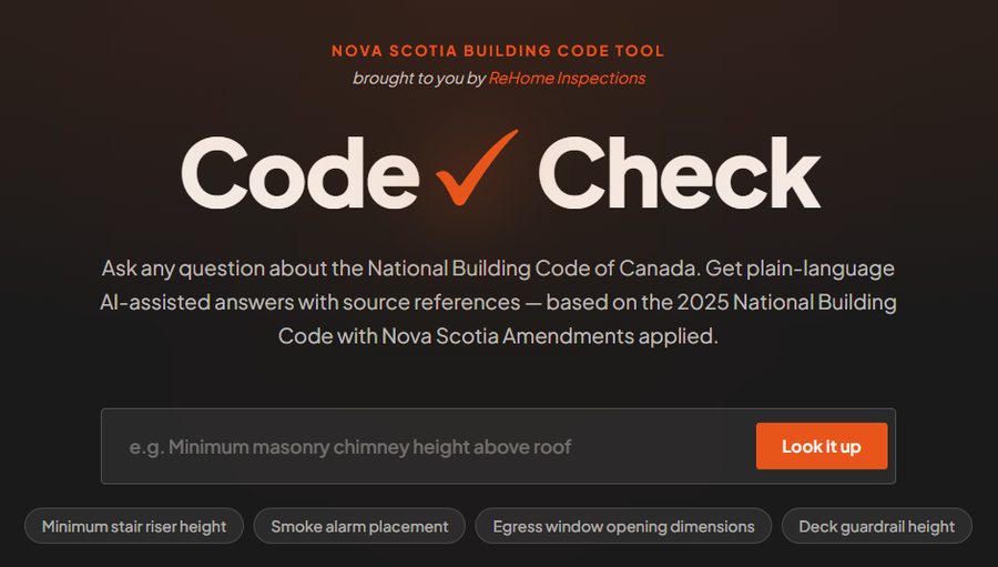 The CodeCheck building code lookup tool main interface — search bar and example queries